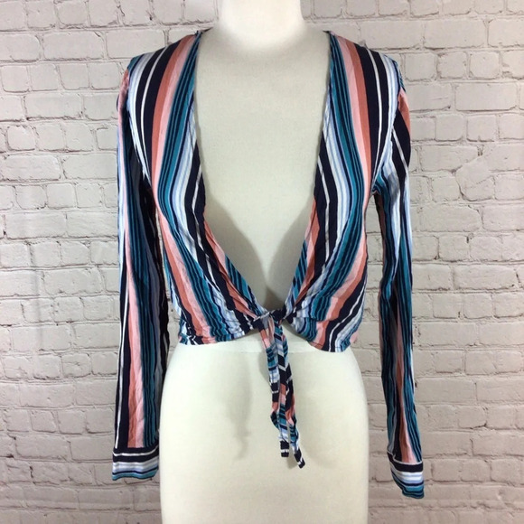 No Boundaries Tops - No Boundaries Junior’s Striped Open Tie Front Rayon Crop Top - Size Small